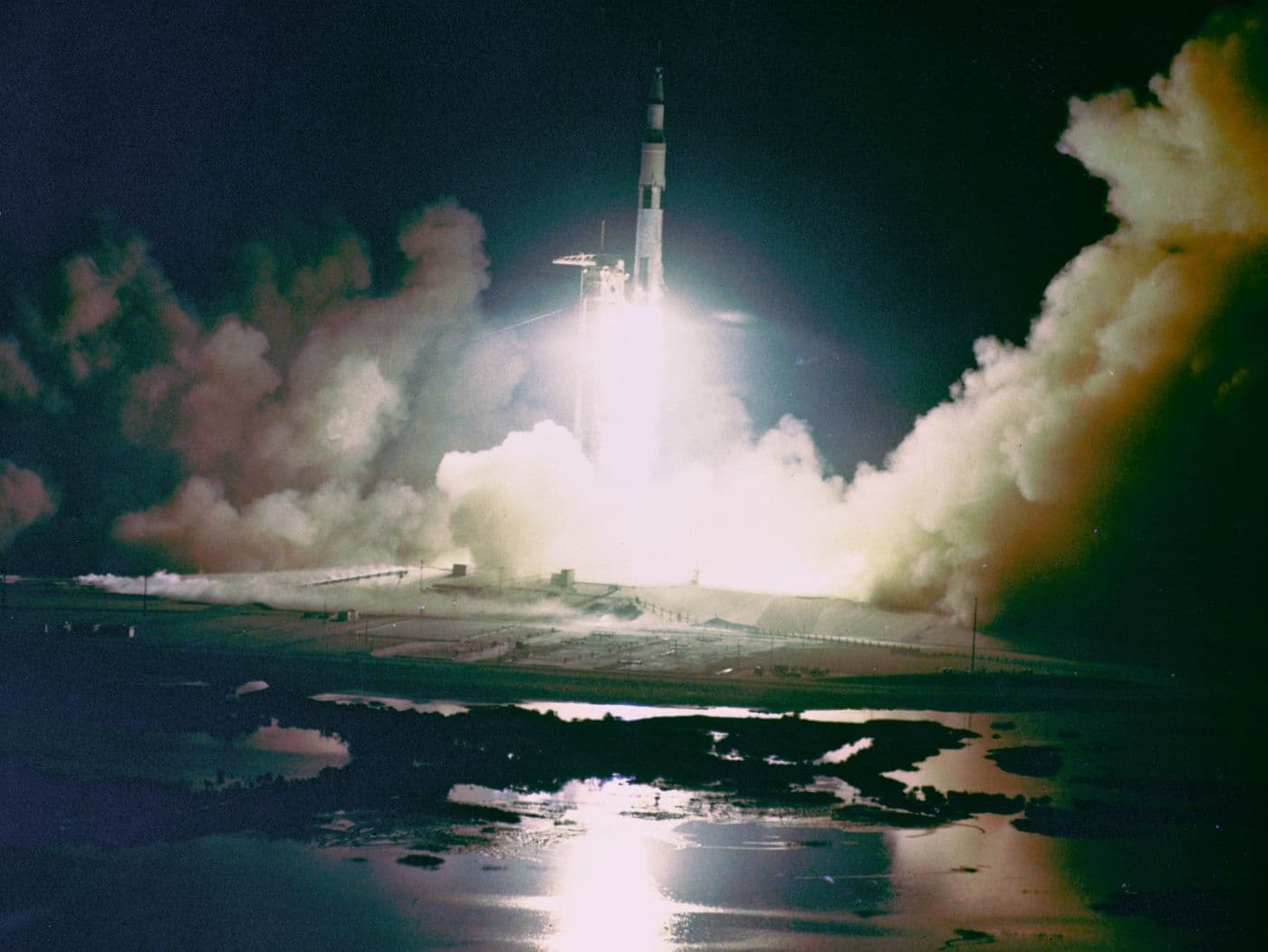 Apollo 17's Saturn V rocket lifts off from Launch Complex 39A at Kennedy Space Center at 12:33 a.m. on 7 December 1972, the only night launch of the Apollo program.