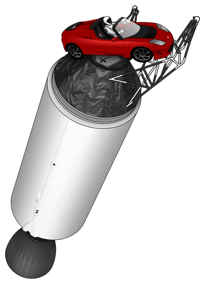 Ilustrace Tesly Roadster připojené k hornímu stupni Falconu Heavy.