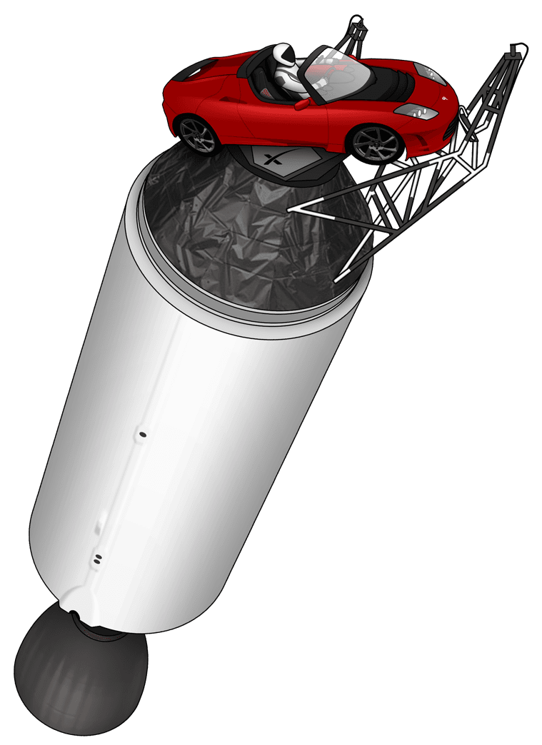 Ilustrace Tesly Roadster připojené k hornímu stupni Falconu Heavy.